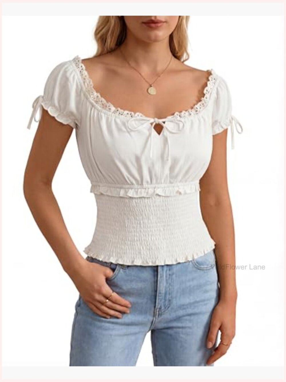 Square Neck Smocked Waist Peasant Blouse Short Sleeve - Picture 2 of 7